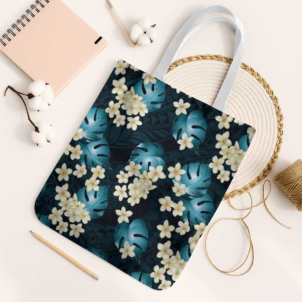 Dark Cyan Tropical Hawaii Tote Bag Seamless Monstera Plumeria Hawaiian Pattern - Polynesian Pride