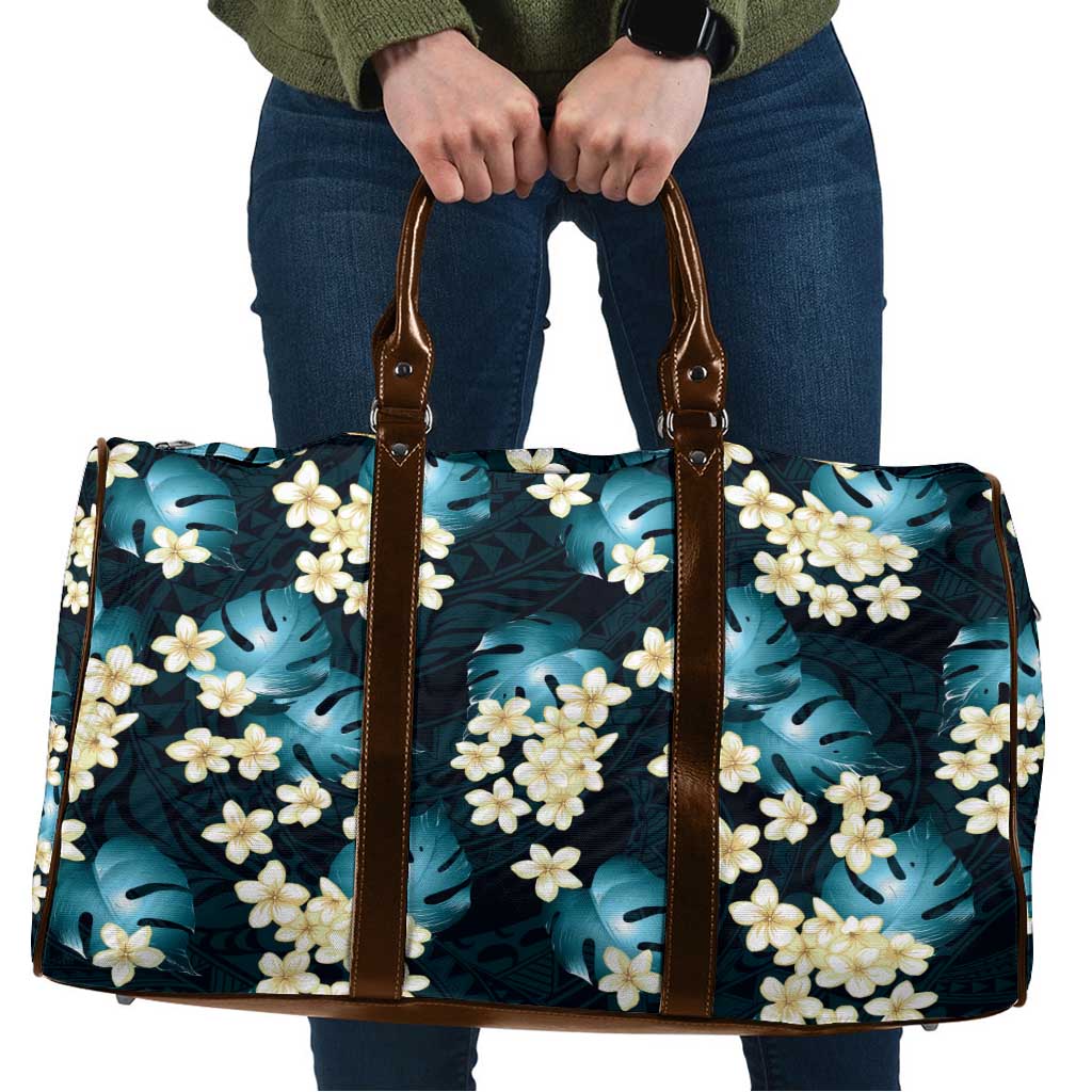 Dark Cyan Tropical Hawaii Travel Bag Seamless Monstera Plumeria Hawaiian Pattern - Polynesian Pride