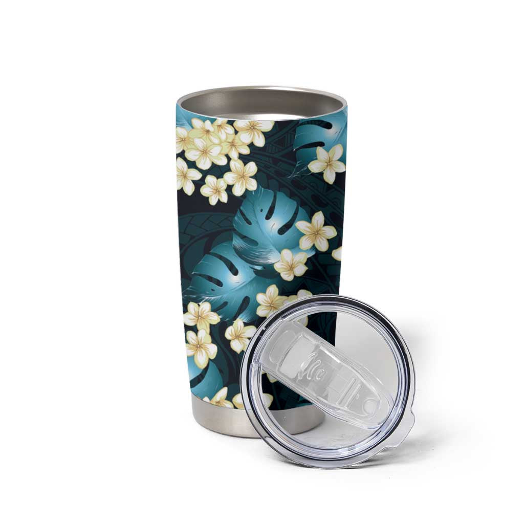 Dark Cyan Tropical Hawaii Tumbler Cup Seamless Monstera Plumeria Hawaiian Pattern - Polynesian Pride