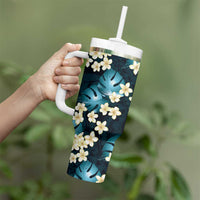 Dark Cyan Tropical Hawaii Tumbler With Handle Seamless Monstera Plumeria Hawaiian Pattern - Polynesian Pride