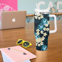 Dark Cyan Tropical Hawaii Tumbler With Handle Seamless Monstera Plumeria Hawaiian Pattern - Polynesian Pride