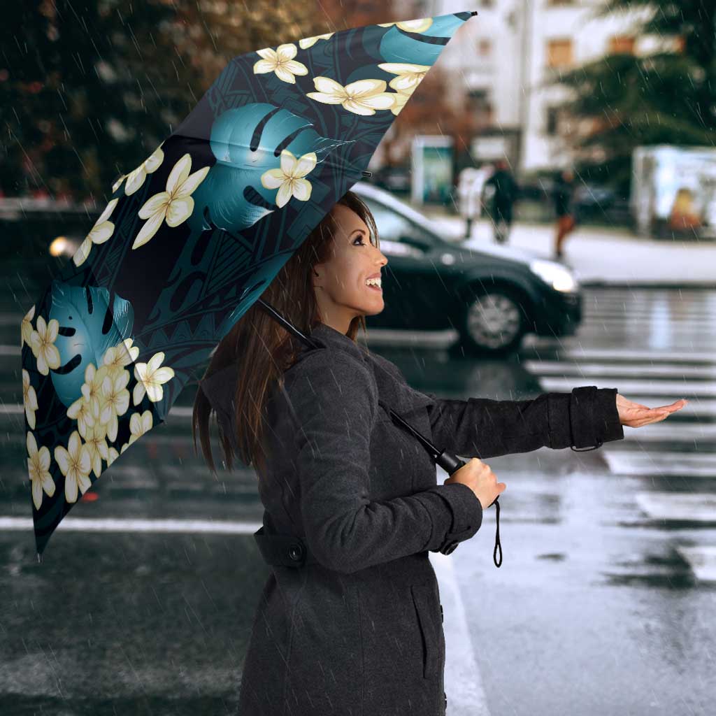 Dark Cyan Tropical Hawaii Umbrella Seamless Monstera Plumeria Hawaiian Pattern - Polynesian Pride