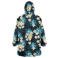 Dark Cyan Tropical Hawaii Wearable Blanket Hoodie Seamless Monstera Plumeria Hawaiian Pattern - Polynesian Pride