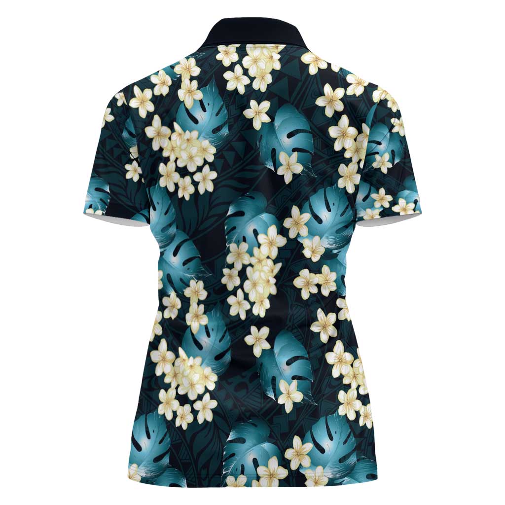 Dark Cyan Tropical Hawaii Women Polo Shirt Seamless Monstera Plumeria Hawaiian Pattern - Polynesian Pride