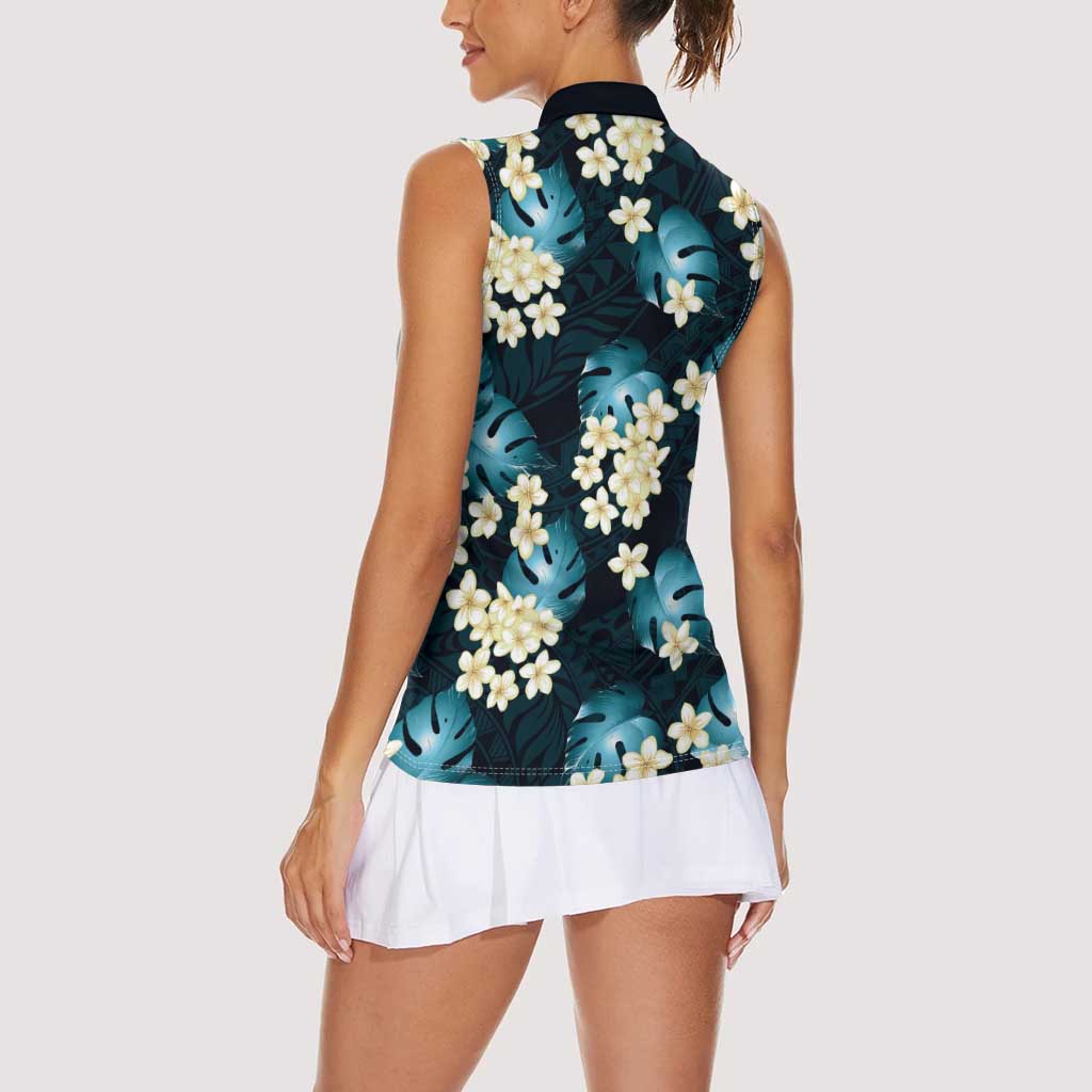 Dark Cyan Tropical Hawaii Women Sleeveless Polo Shirt Seamless Monstera Plumeria Hawaiian Pattern - Polynesian Pride