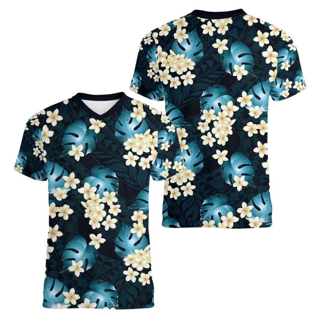 Dark Cyan Tropical Hawaii Women V-Neck T-Shirt Seamless Monstera Plumeria Hawaiian Pattern - Polynesian Pride