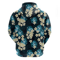 Dark Cyan Tropical Hawaii Zip Hoodie Seamless Monstera Plumeria Hawaiian Pattern - Polynesian Pride