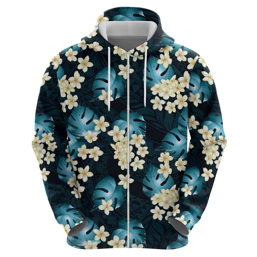 Dark Cyan Tropical Hawaii Zip Hoodie Seamless Monstera Plumeria Hawaiian Pattern - Polynesian Pride