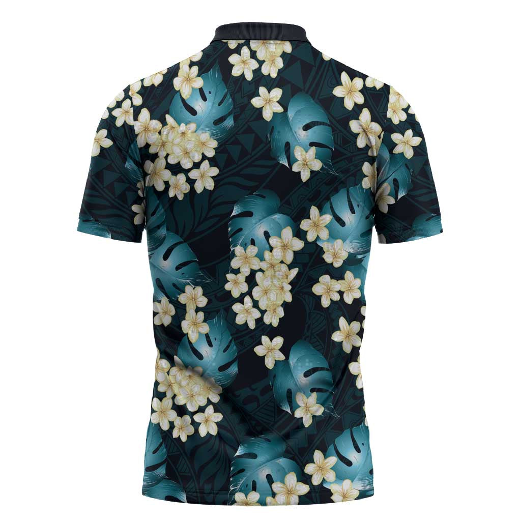 Dark Cyan Tropical Hawaii Zipper Polo Shirt Seamless Monstera Plumeria Hawaiian Pattern - Polynesian Pride
