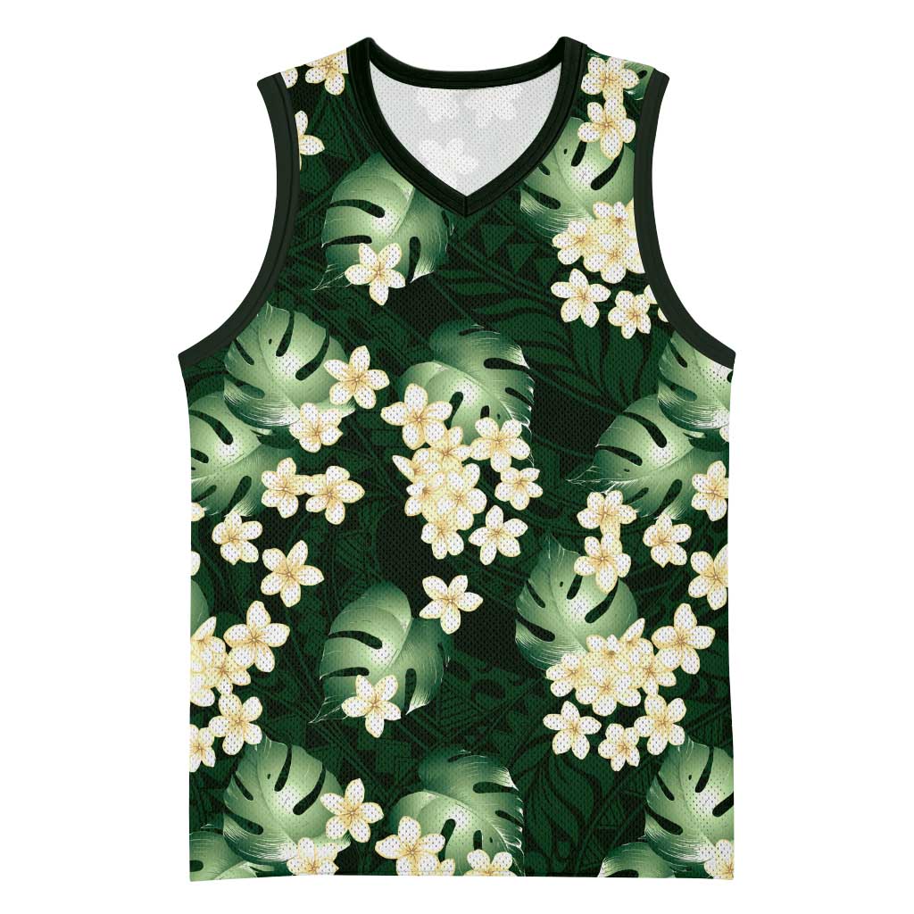 Green Tropical Hawaii Basketball Jersey Seamless Monstera Plumeria Hawaiian Pattern - Polynesian Pride