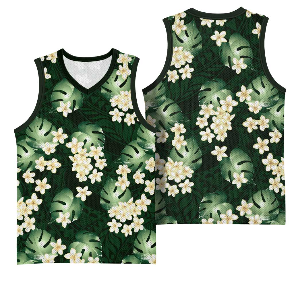 Green Tropical Hawaii Basketball Jersey Seamless Monstera Plumeria Hawaiian Pattern - Polynesian Pride