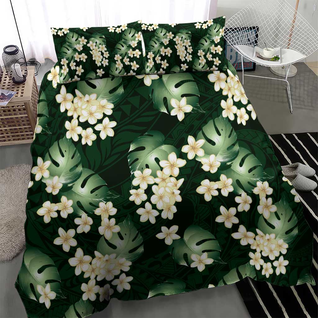Green Tropical Hawaii Bedding Set Seamless Monstera Plumeria Hawaiian Pattern - Polynesian Pride