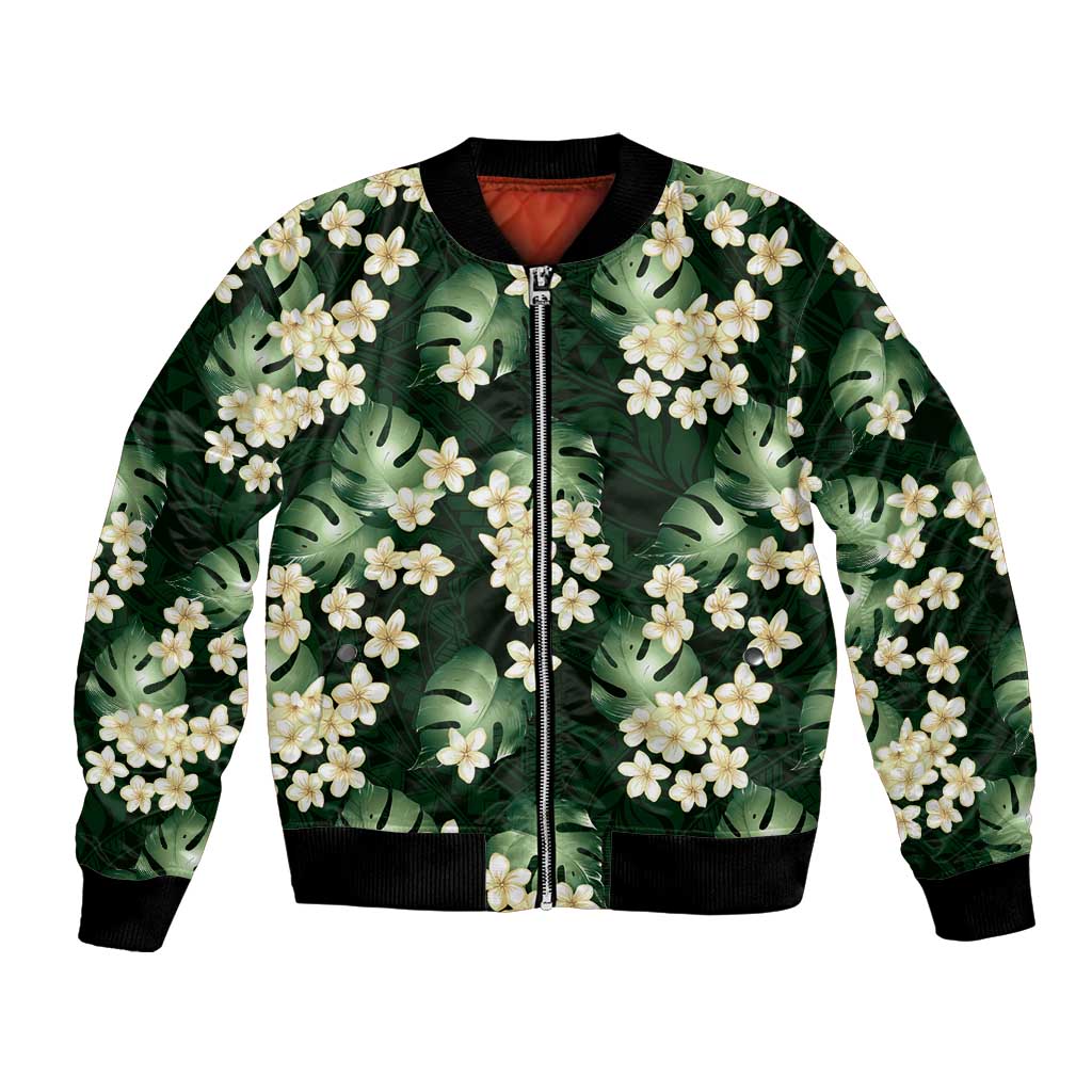 Green Tropical Hawaii Bomber Jacket Seamless Monstera Plumeria Hawaiian Pattern - Polynesian Pride
