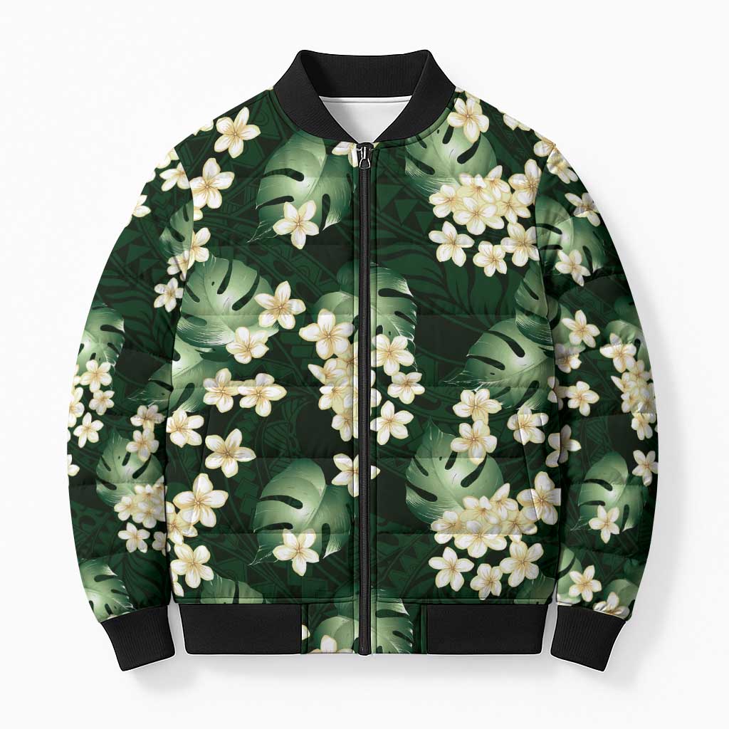 Green Tropical Hawaii Bomber Puffer Jacket Seamless Monstera Plumeria Hawaiian Pattern - Polynesian Pride