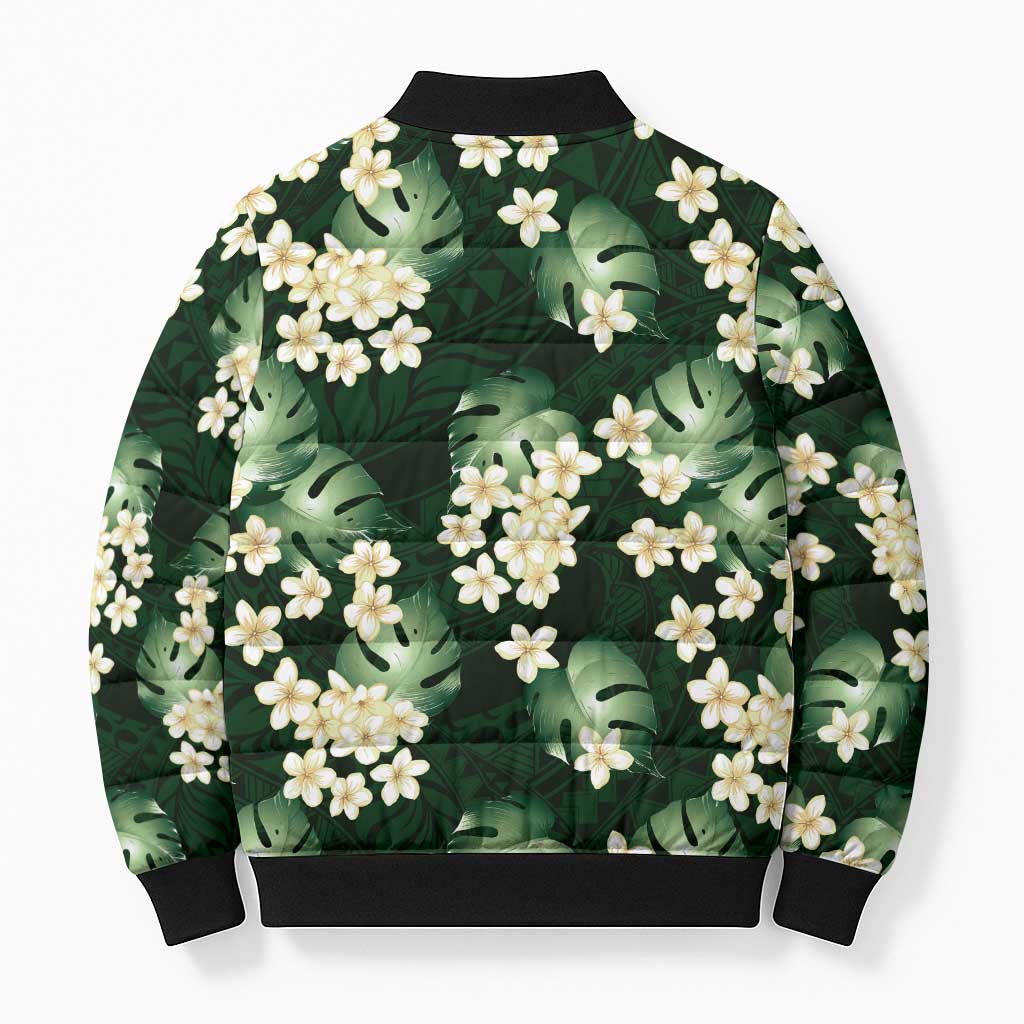 Green Tropical Hawaii Bomber Puffer Jacket Seamless Monstera Plumeria Hawaiian Pattern - Polynesian Pride