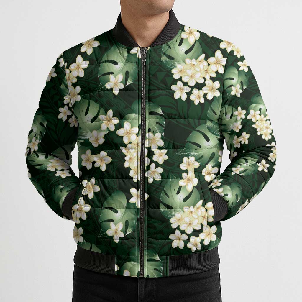 Green Tropical Hawaii Bomber Puffer Jacket Seamless Monstera Plumeria Hawaiian Pattern - Polynesian Pride