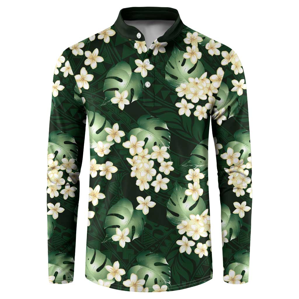 Green Tropical Hawaii Button Sweatshirt Seamless Monstera Plumeria Hawaiian Pattern - Polynesian Pride