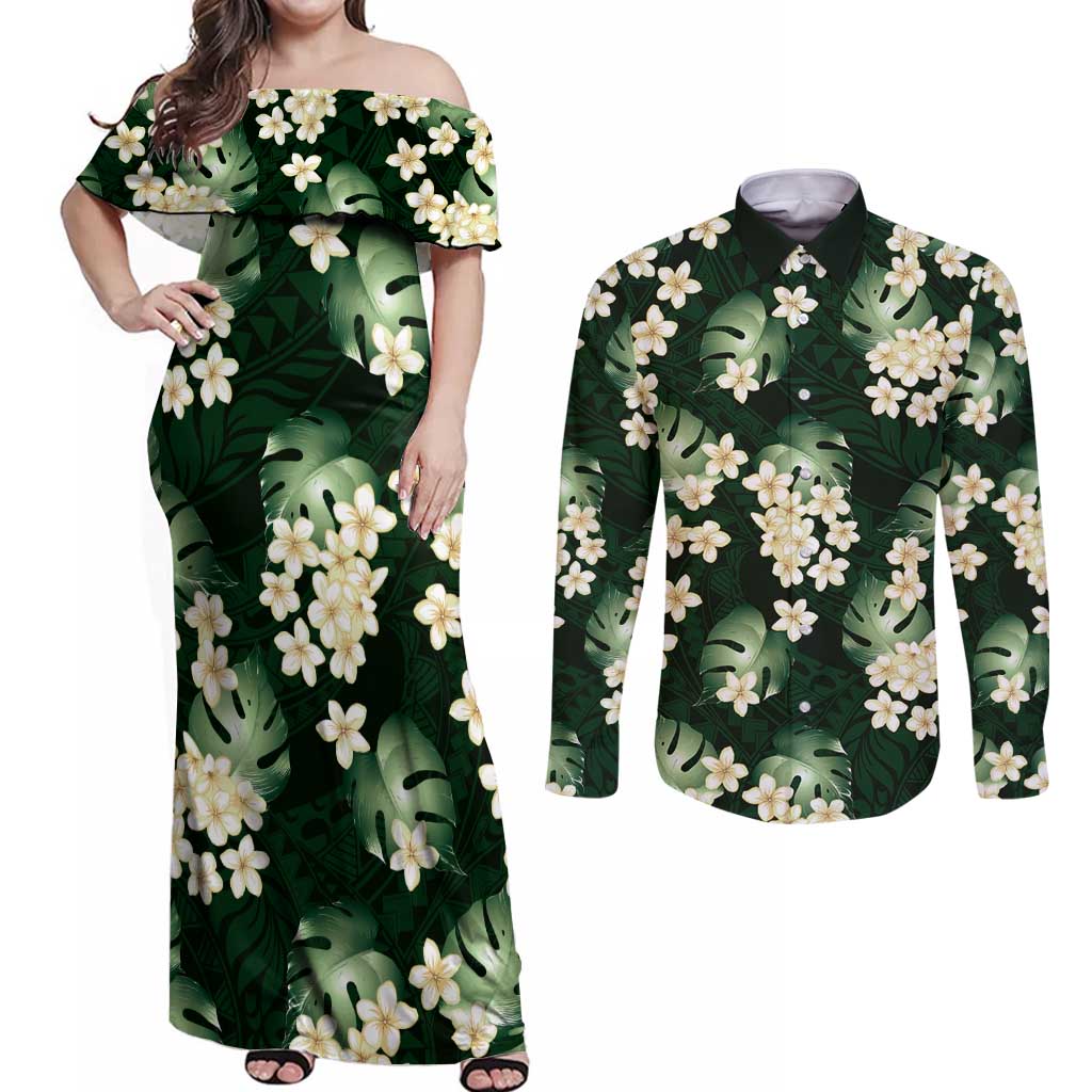 Green Tropical Hawaii Couples Matching Off Shoulder Maxi Dress and Long Sleeve Button Shirt Seamless Monstera Plumeria Hawaiian Pattern - Polynesian Pride