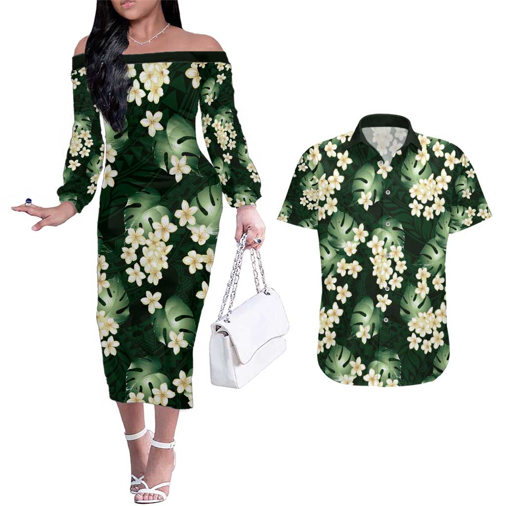 Green Tropical Hawaii Couples Matching Off The Shoulder Long Sleeve Dress and Hawaiian Shirt Seamless Monstera Plumeria Hawaiian Pattern - Polynesian Pride