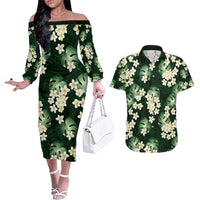 Green Tropical Hawaii Couples Matching Off The Shoulder Long Sleeve Dress and Hawaiian Shirt Seamless Monstera Plumeria Hawaiian Pattern - Polynesian Pride