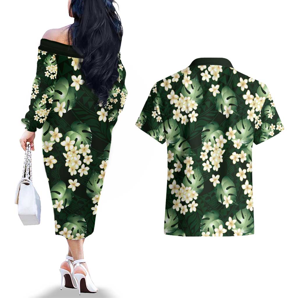 Green Tropical Hawaii Couples Matching Off The Shoulder Long Sleeve Dress and Hawaiian Shirt Seamless Monstera Plumeria Hawaiian Pattern - Polynesian Pride
