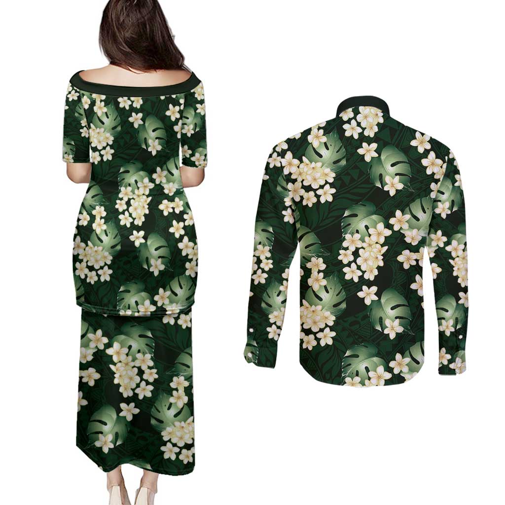 Green Tropical Hawaii Couples Matching Puletasi and Long Sleeve Button Shirt Seamless Monstera Plumeria Hawaiian Pattern - Polynesian Pride