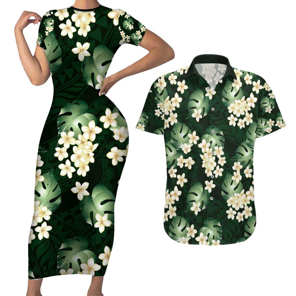 Green Tropical Hawaii Couples Matching Short Sleeve Bodycon Dress and Hawaiian Shirt Seamless Monstera Plumeria Hawaiian Pattern - Polynesian Pride