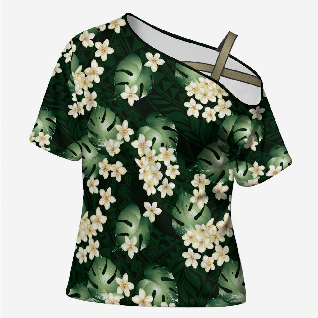 Green Tropical Hawaii Cross Shoulder Shirt Seamless Monstera Plumeria Hawaiian Pattern - Polynesian Pride