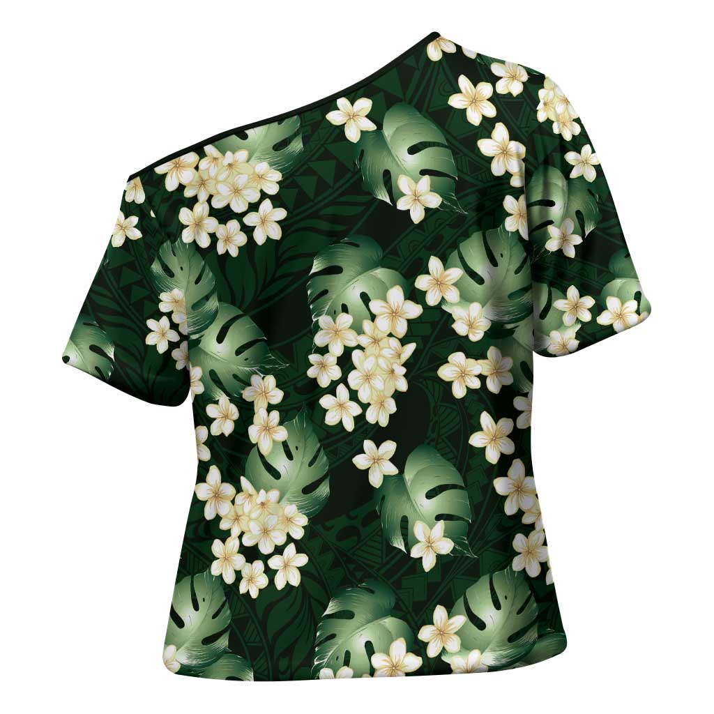 Green Tropical Hawaii Cross Shoulder Shirt Seamless Monstera Plumeria Hawaiian Pattern - Polynesian Pride