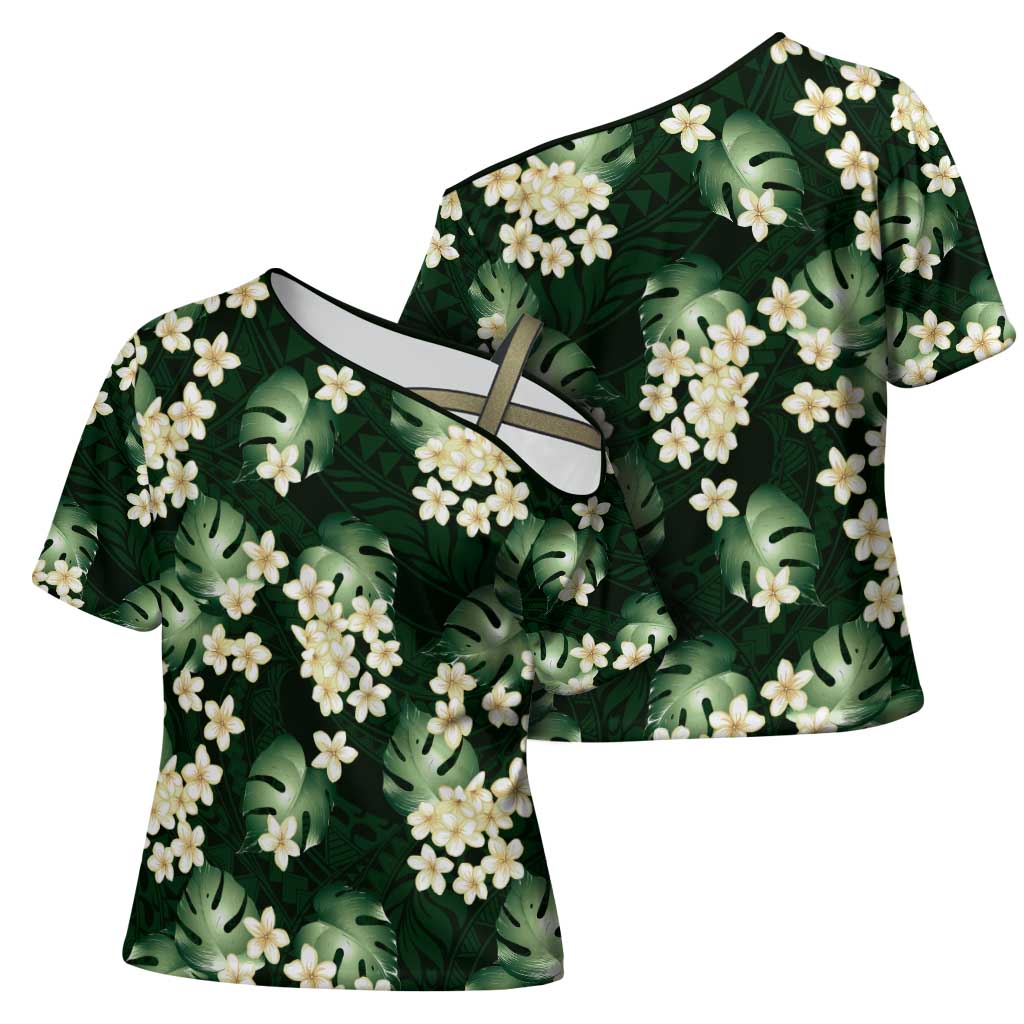 Green Tropical Hawaii Cross Shoulder Shirt Seamless Monstera Plumeria Hawaiian Pattern - Polynesian Pride