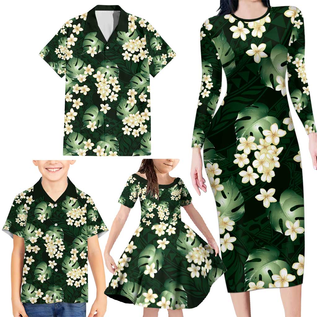 Green Tropical Hawaii Family Matching Long Sleeve Bodycon Dress and Hawaiian Shirt Seamless Monstera Plumeria Hawaiian Pattern LT14 - Polynesian Pride