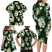 Green Tropical Hawaii Family Matching Long Sleeve Bodycon Dress and Hawaiian Shirt Seamless Monstera Plumeria Hawaiian Pattern LT14 - Polynesian Pride