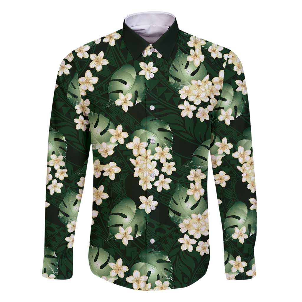 Green Tropical Hawaii Family Matching Long Sleeve Bodycon Dress and Hawaiian Shirt Seamless Monstera Plumeria Hawaiian Pattern LT14 Dad's Shirt - Long Sleeve Green - Polynesian Pride
