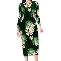 Green Tropical Hawaii Family Matching Long Sleeve Bodycon Dress and Hawaiian Shirt Seamless Monstera Plumeria Hawaiian Pattern LT14 Mom's Dress Green - Polynesian Pride