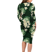 Green Tropical Hawaii Family Matching Long Sleeve Bodycon Dress and Hawaiian Shirt Seamless Monstera Plumeria Hawaiian Pattern LT14 - Polynesian Pride