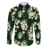 Green Tropical Hawaii Family Matching Off The Shoulder Long Sleeve Dress and Hawaiian Shirt Seamless Monstera Plumeria Hawaiian Pattern - Polynesian Pride