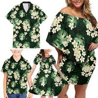 Green Tropical Hawaii Family Matching Off Shoulder Short Dress and Hawaiian Shirt Seamless Monstera Plumeria Hawaiian Pattern - Polynesian Pride