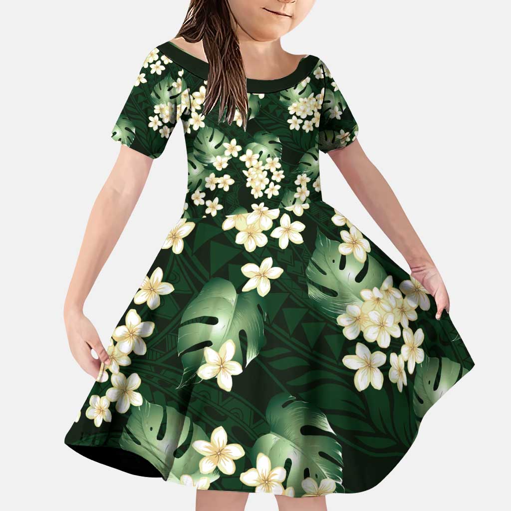 Green Tropical Hawaii Family Matching Puletasi and Hawaiian Shirt Seamless Monstera Plumeria Hawaiian Pattern LT14 Daughter's Dress Green - Polynesian Pride