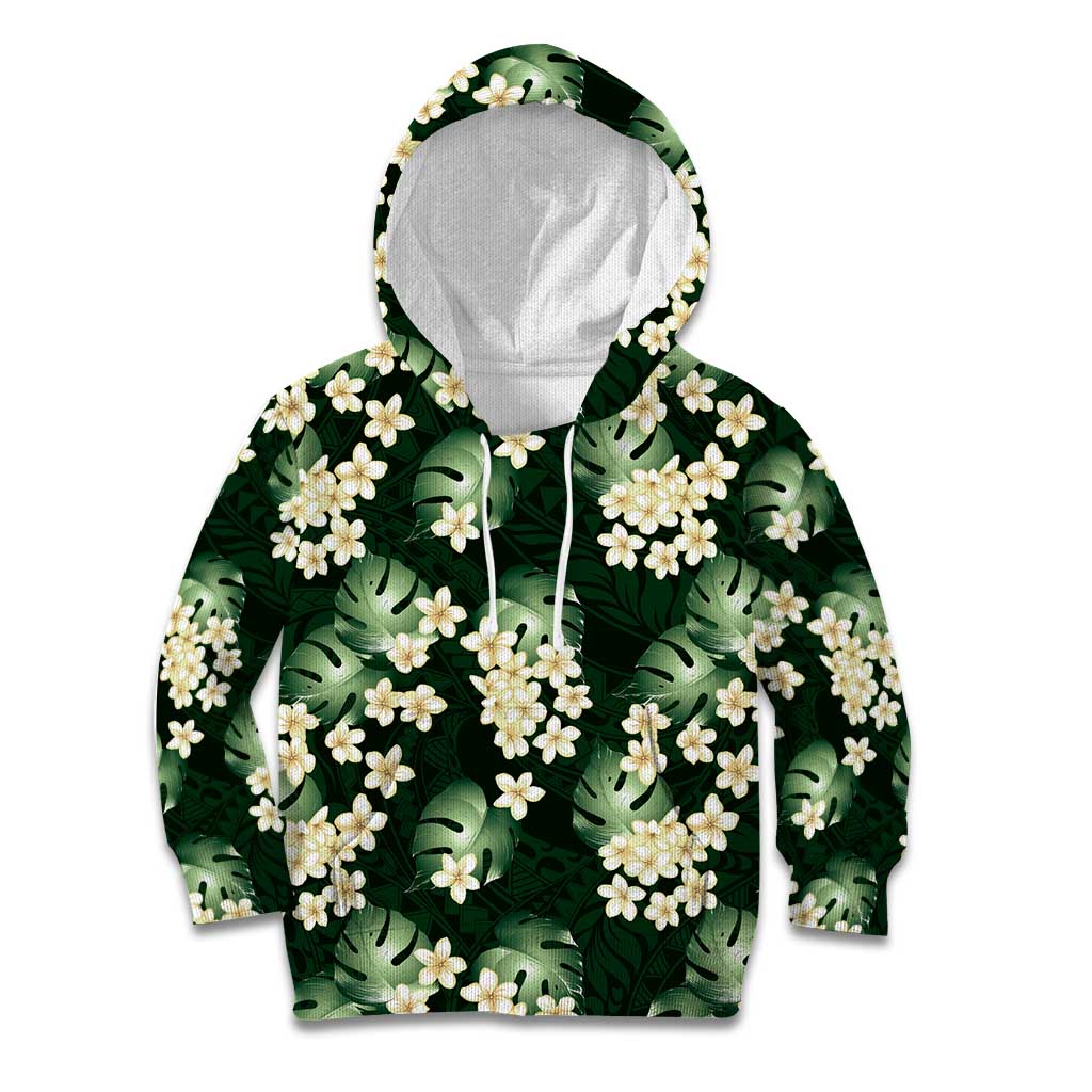 Green Tropical Hawaii Kid Hoodie Seamless Monstera Plumeria Hawaiian Pattern - Polynesian Pride