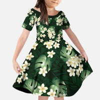 Green Tropical Hawaii Kid Short Sleeve Dress Seamless Monstera Plumeria Hawaiian Pattern - Polynesian Pride