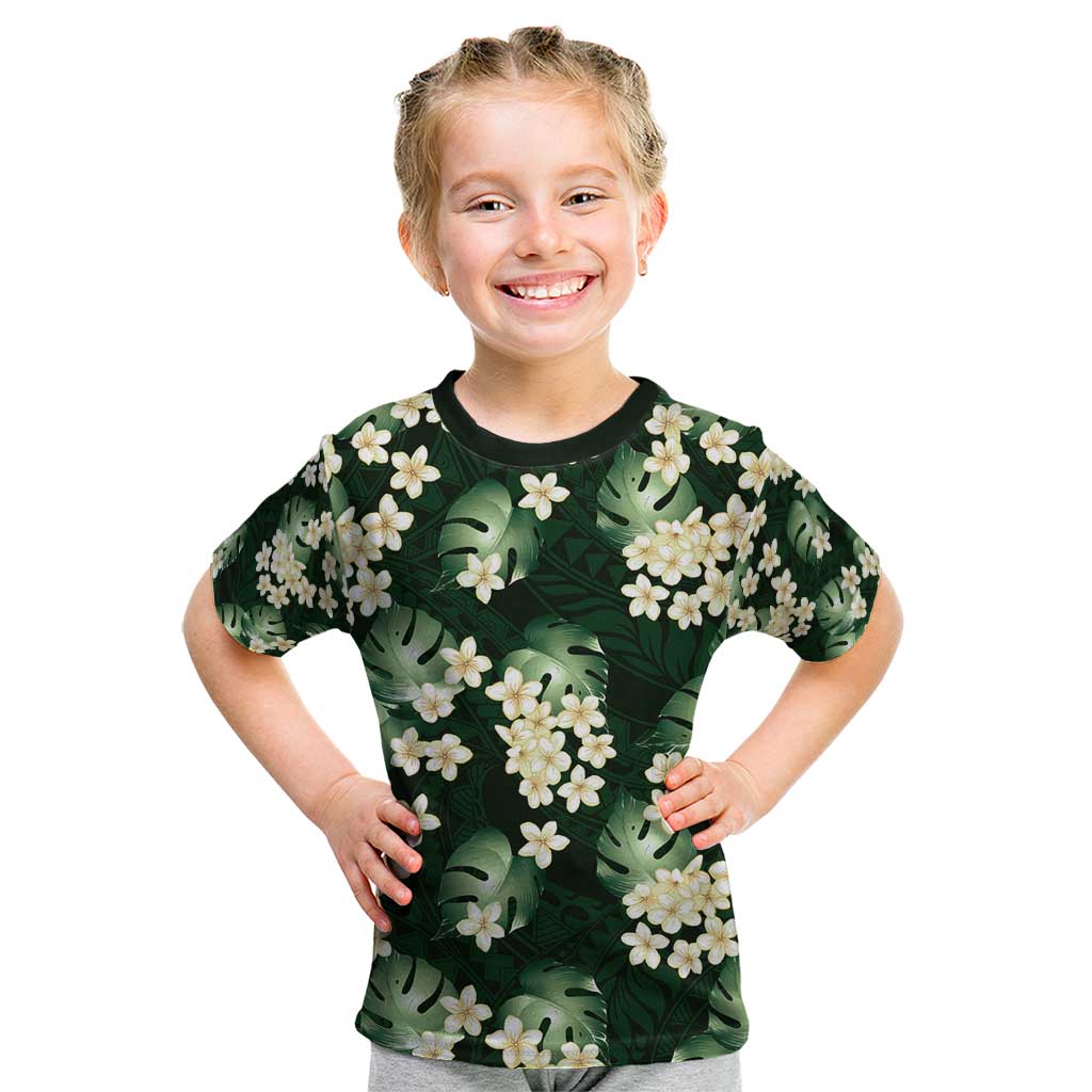 Green Tropical Hawaii Kid T Shirt Seamless Monstera Plumeria Hawaiian Pattern - Polynesian Pride