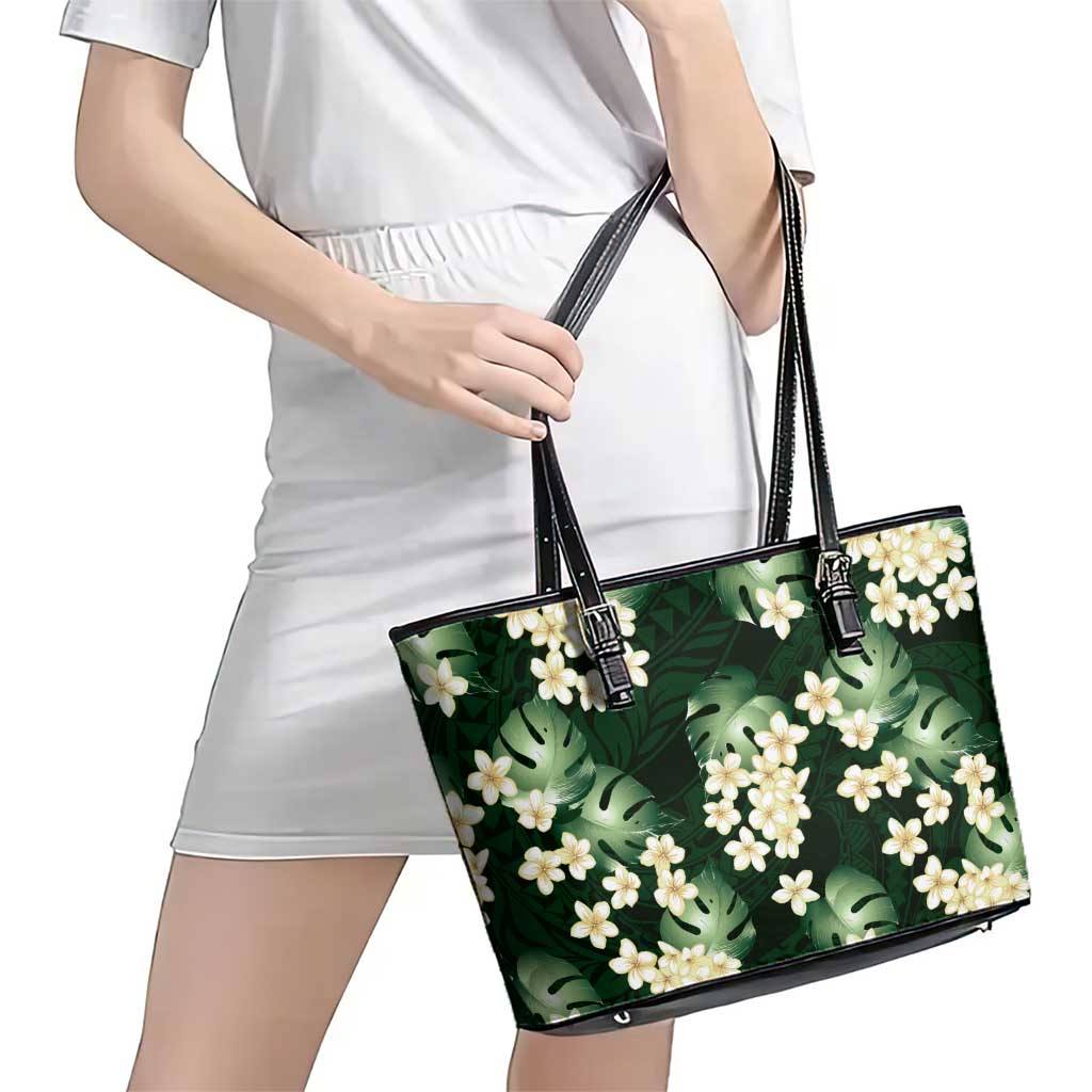 Green Tropical Hawaii Leather Tote Bag Seamless Monstera Plumeria Hawaiian Pattern - Polynesian Pride