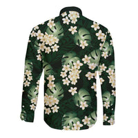 Green Tropical Hawaii Long Sleeve Button Shirt Seamless Monstera Plumeria Hawaiian Pattern - Polynesian Pride