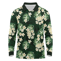 Green Tropical Hawaii Long Sleeve Polo Shirt Seamless Monstera Plumeria Hawaiian Pattern - Polynesian Pride