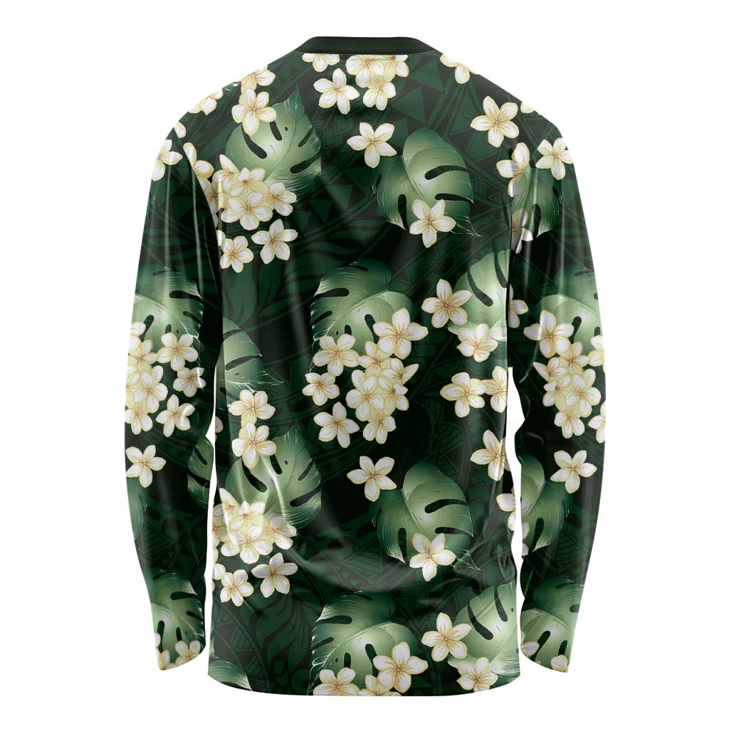 Green Tropical Hawaii Long Sleeve Shirt Seamless Monstera Plumeria Hawaiian Pattern - Polynesian Pride