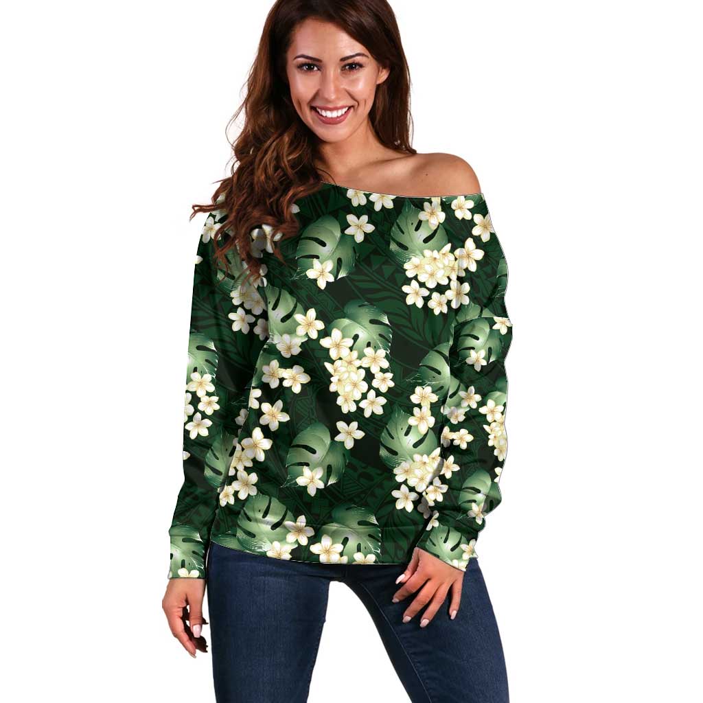 Green Tropical Hawaii Off Shoulder Sweater Seamless Monstera Plumeria Hawaiian Pattern - Polynesian Pride