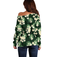 Green Tropical Hawaii Off Shoulder Sweater Seamless Monstera Plumeria Hawaiian Pattern - Polynesian Pride