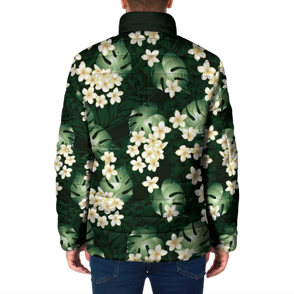 Green Tropical Hawaii Padded Jacket Seamless Monstera Plumeria Hawaiian Pattern - Polynesian Pride