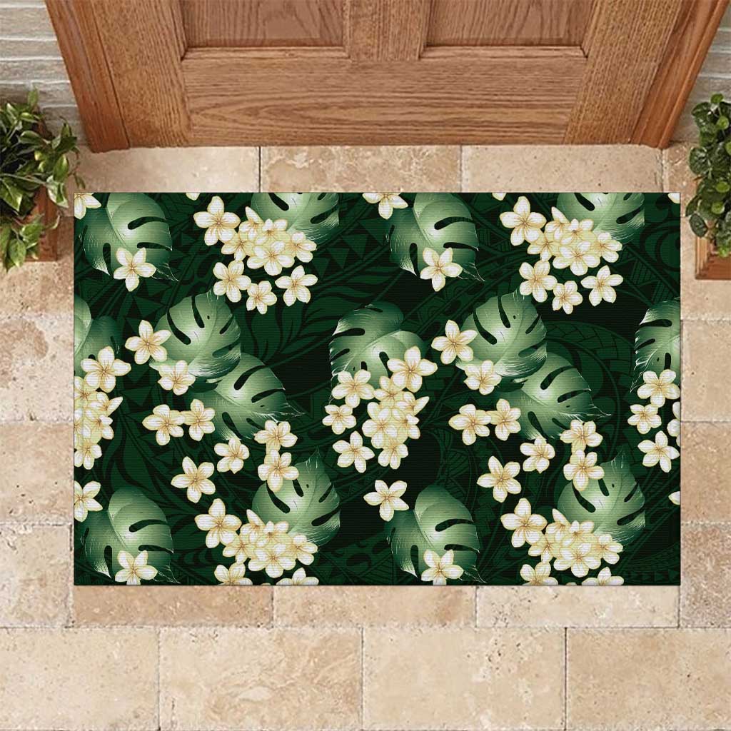Green Tropical Hawaii Rubber Doormat Seamless Monstera Plumeria Hawaiian Pattern - Polynesian Pride