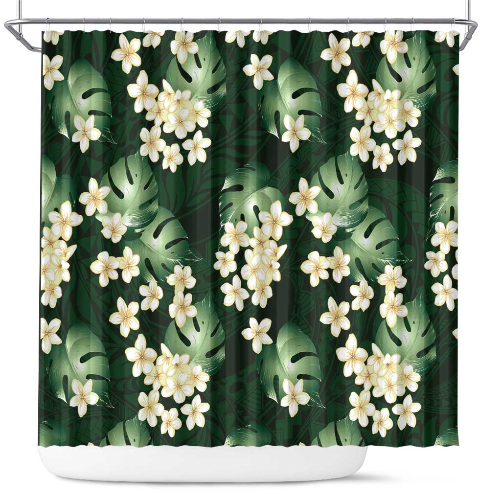 Green Tropical Hawaii Shower Curtain Seamless Monstera Plumeria Hawaiian Pattern - Polynesian Pride